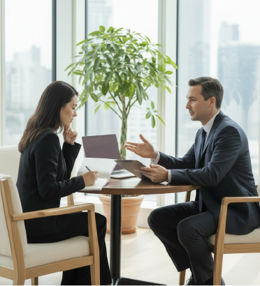 Honorarberatung Gespräch im Business Office zwischen interessierter Dame und Berater